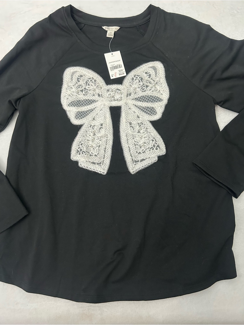 Cato Black Long Sleeve Top with White Lace Bow Applique